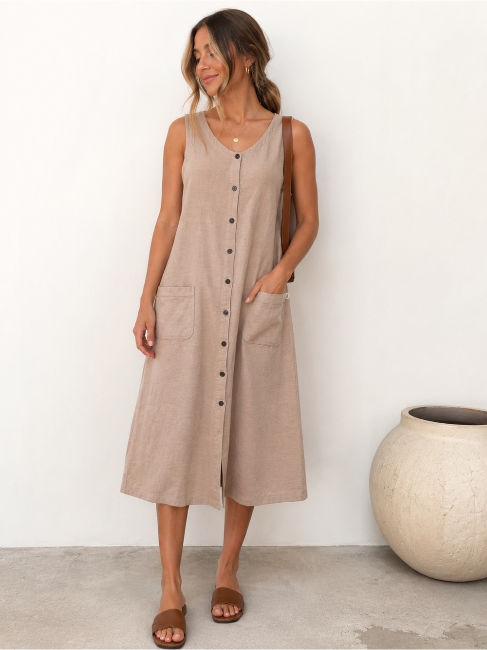 Royal Robbins 100% Cotton Button Front Midi Dress Taupe Utility Pockets